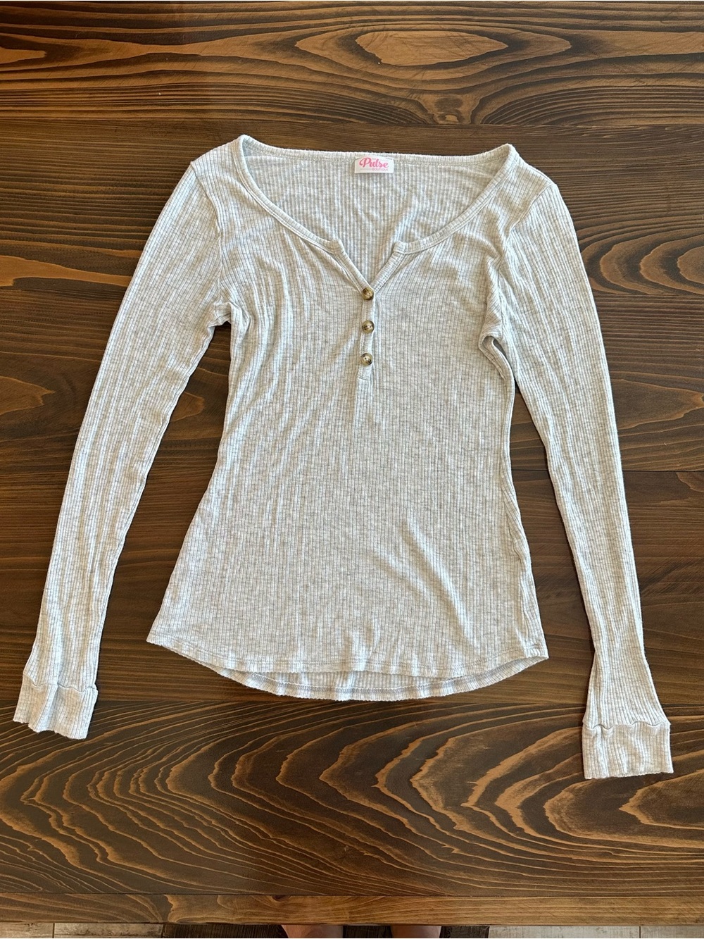 Light Gray Ribbed Henley Long Sleeve Top with Button Front